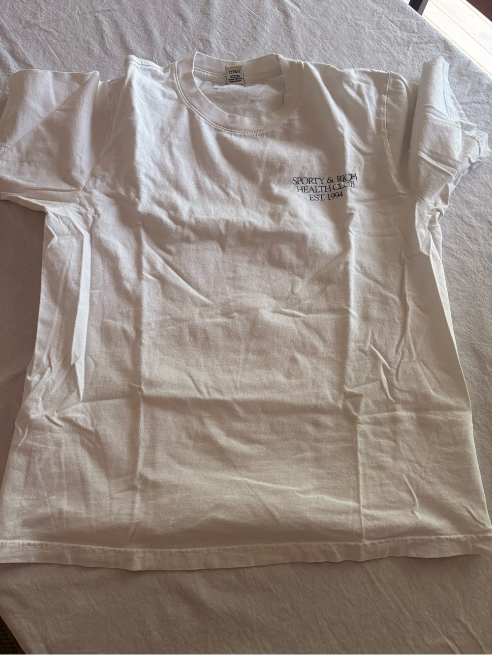 Sporty & Rich White Tee with Navy 'Health Club' Chest Logo